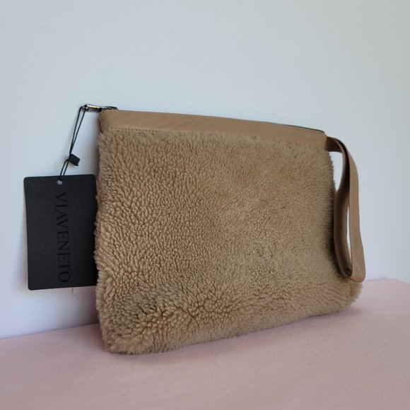 VIAVENETO Delilah Curly Lambskin Shearling Large Pouch/Wristlet- Camel color - Picture 3 of 16